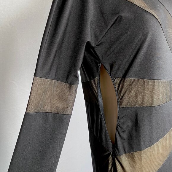 Black & Nude Mesh Sunburst Asymmetrical Long Cocktail Dress 8 - Picture 4 of 9